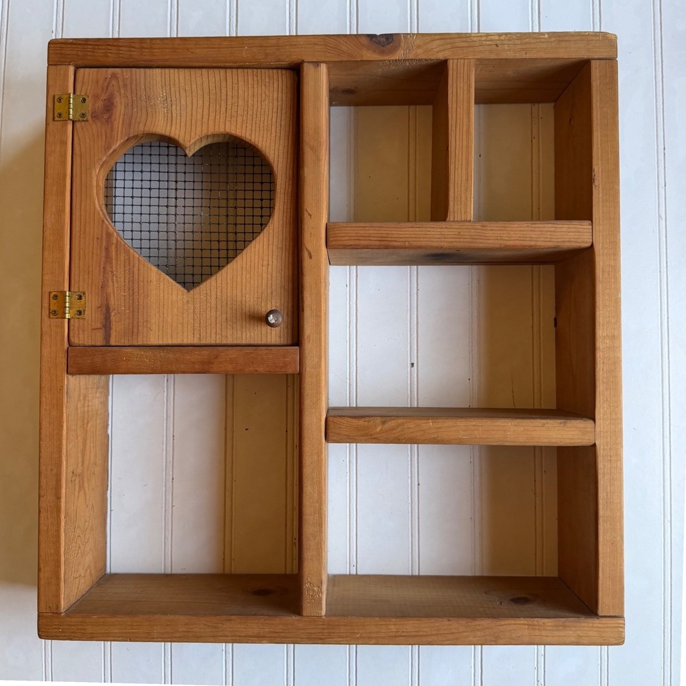 Vintage Rustic Pine Wood Heart Shadow Box Wall Shelf Curio Display Case 15x15
